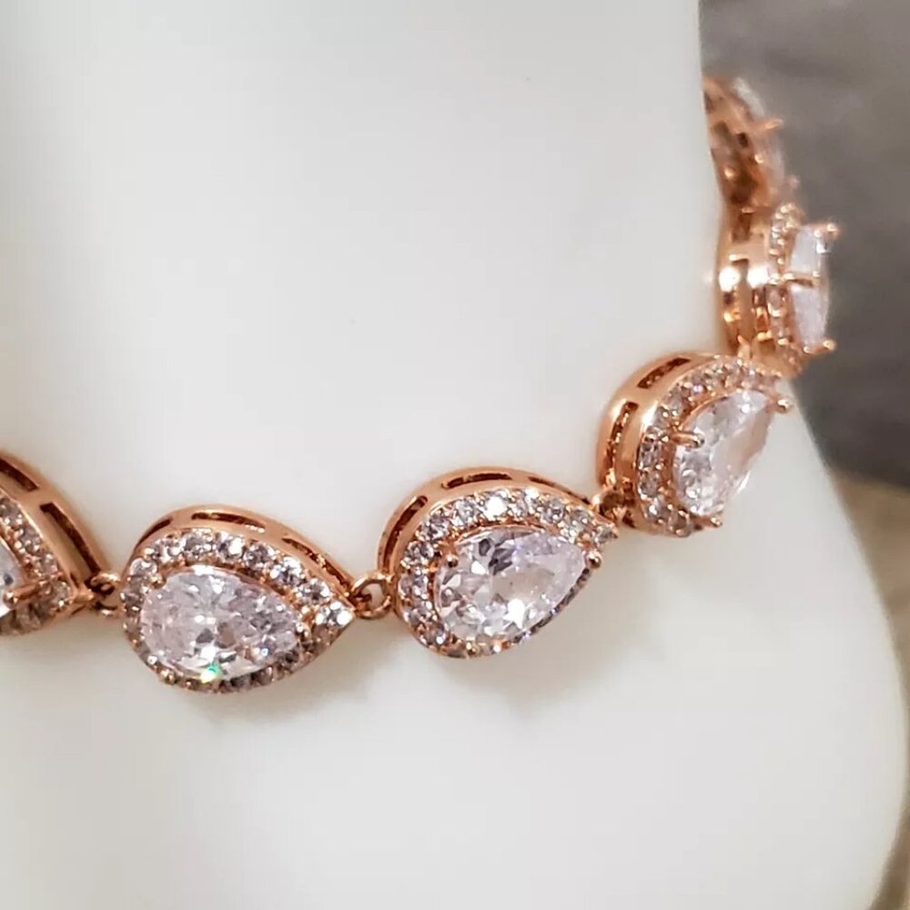 Rose Gold Plated 2 Pc Crystal Earrings & Bracelet Jewelry Set - Picture 7 of 17